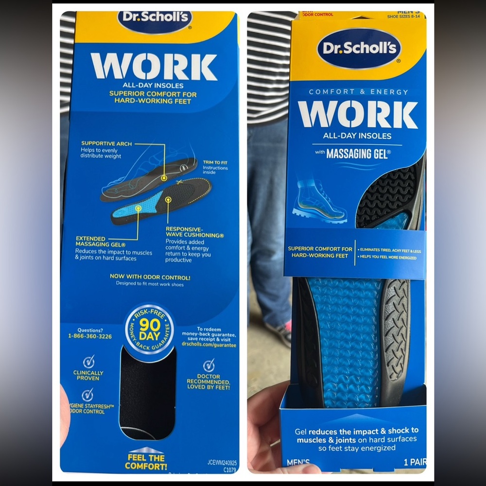 4 pair Dr Scholls work gel insoles. Product is new packaging is damaged
